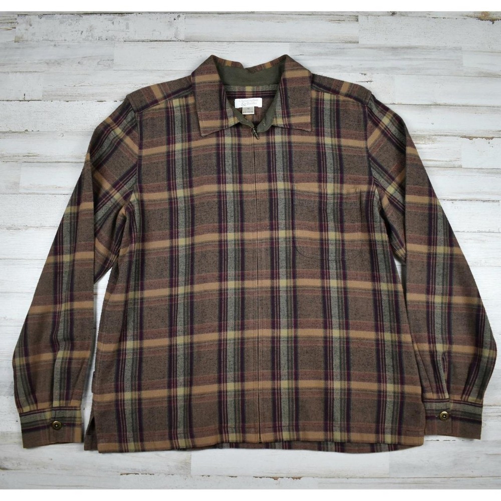 Y2K Zip Up Flannel Shirt Shacket Womens M Brown Plaid Cotton Cabincore Western